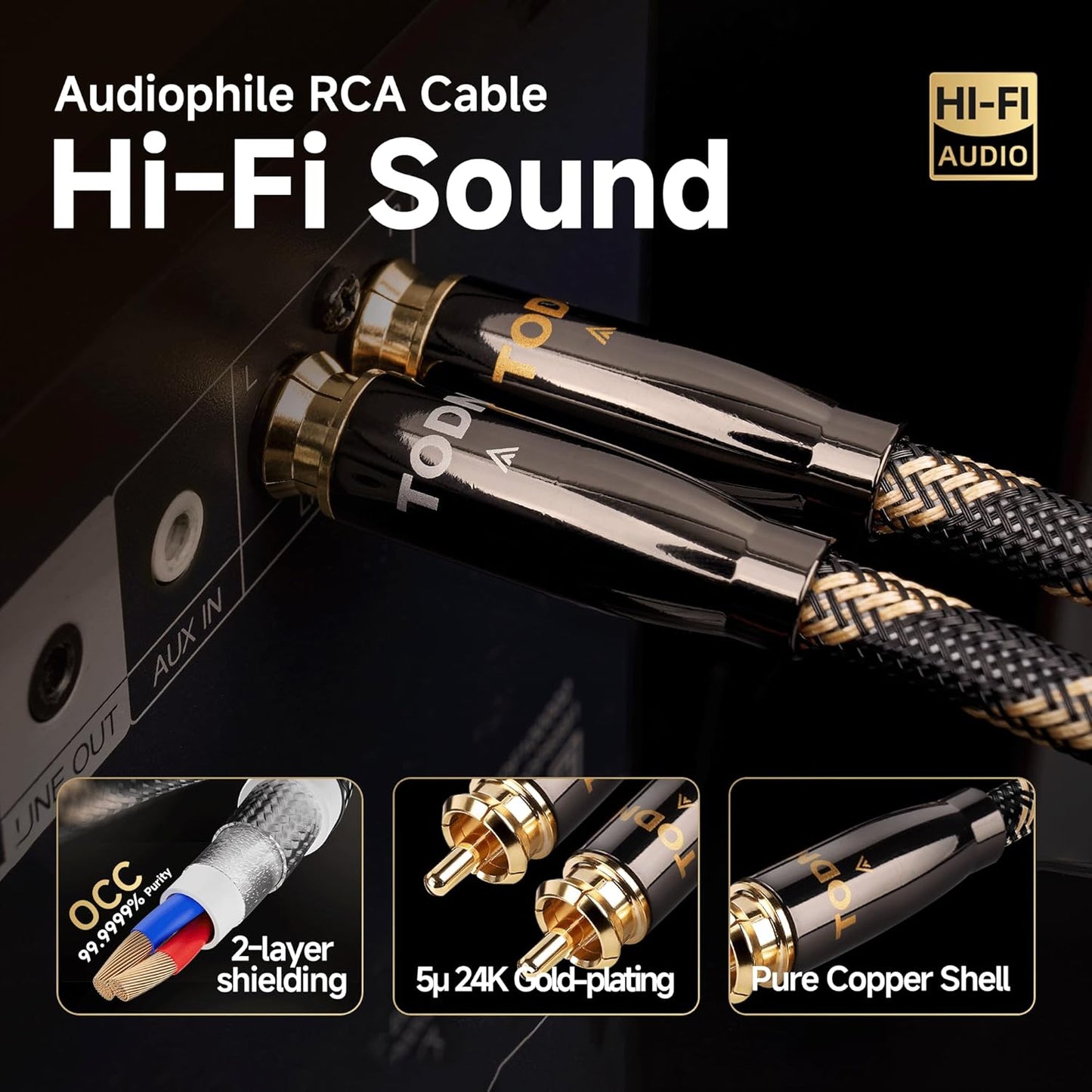 TODN Audiophile RCA Cables HiFi RCA Audio Cable with O-C-C Core, Dual Shielded for Home Stereo System (1.64ft/0.5m, 1 Pair)