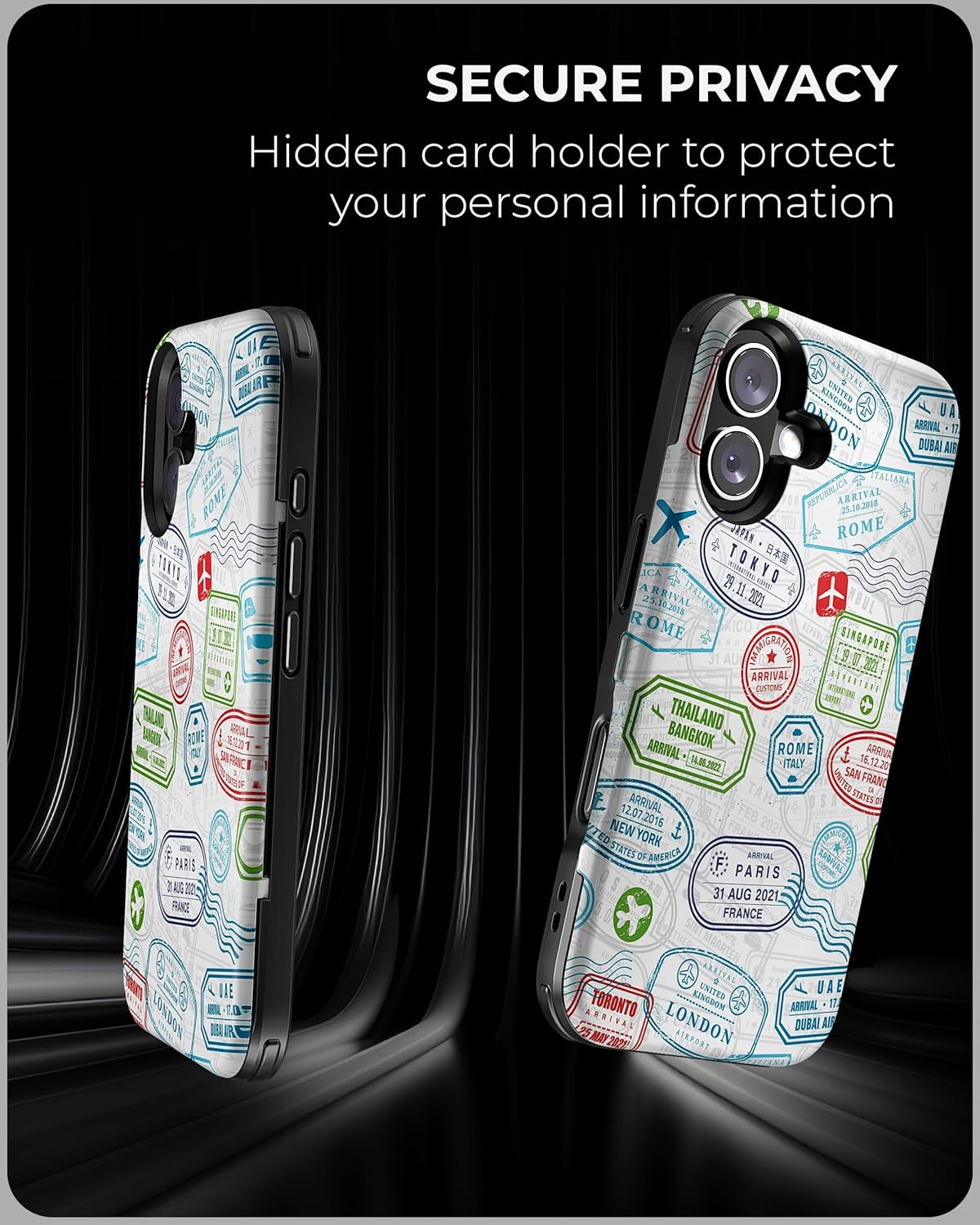 TORU CX Slim for iPhone 16 Case Wallet | Protective Shockproof Heavy Duty Cover with Hidden Card Holder & Card Slot | Mirror & Wrist Strap Included - Travel Stamps