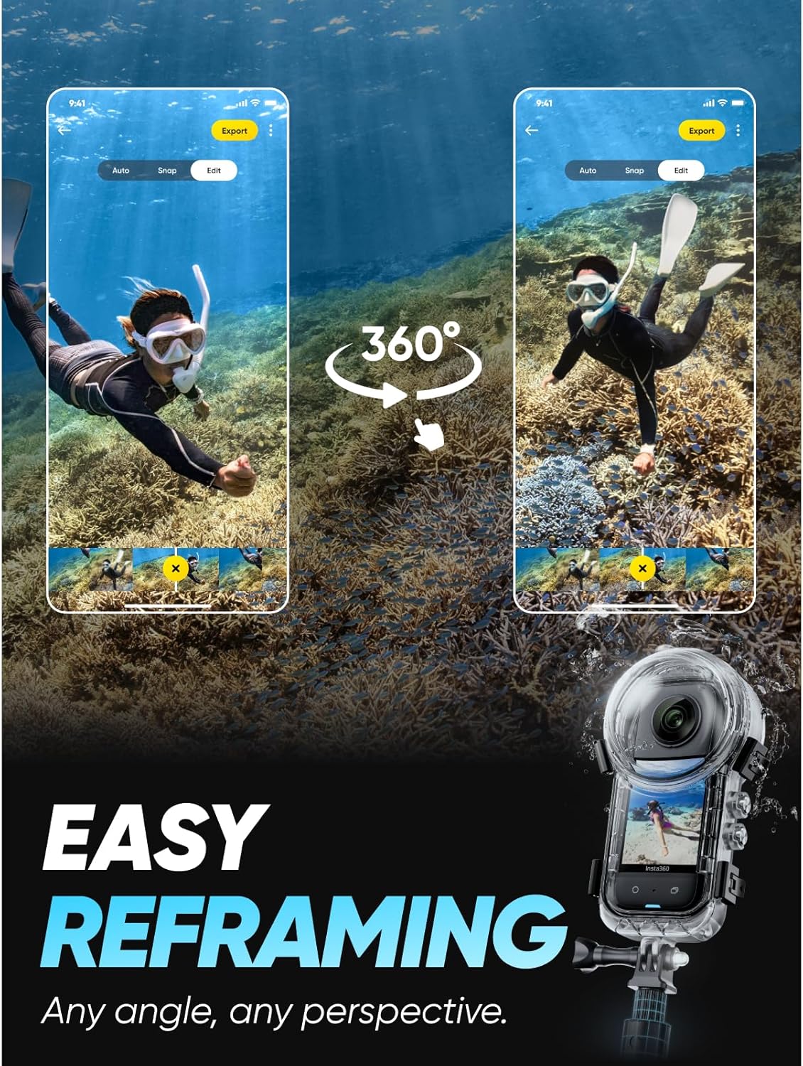 Insta360 X3 Invisible Dive Kit - Waterproof 5.7K 360 Action Camera, Dive Case, Selfie Stick, Dual 1/2" 48MP Sensors, Stabilization, 360 Horizon Lock, 4K Single-Lens, AI Editing
