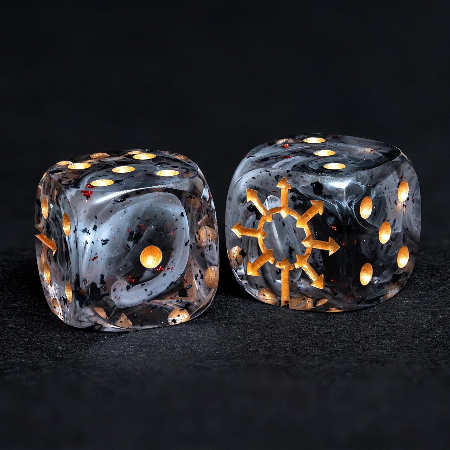 Chaos D6 Dice Set – 10 x 16mm Resin Dice with Chaos Star | Red Foil, Black Swirls & Ancient Symbol | Grimdark Dice for Wargames & TTRPGs