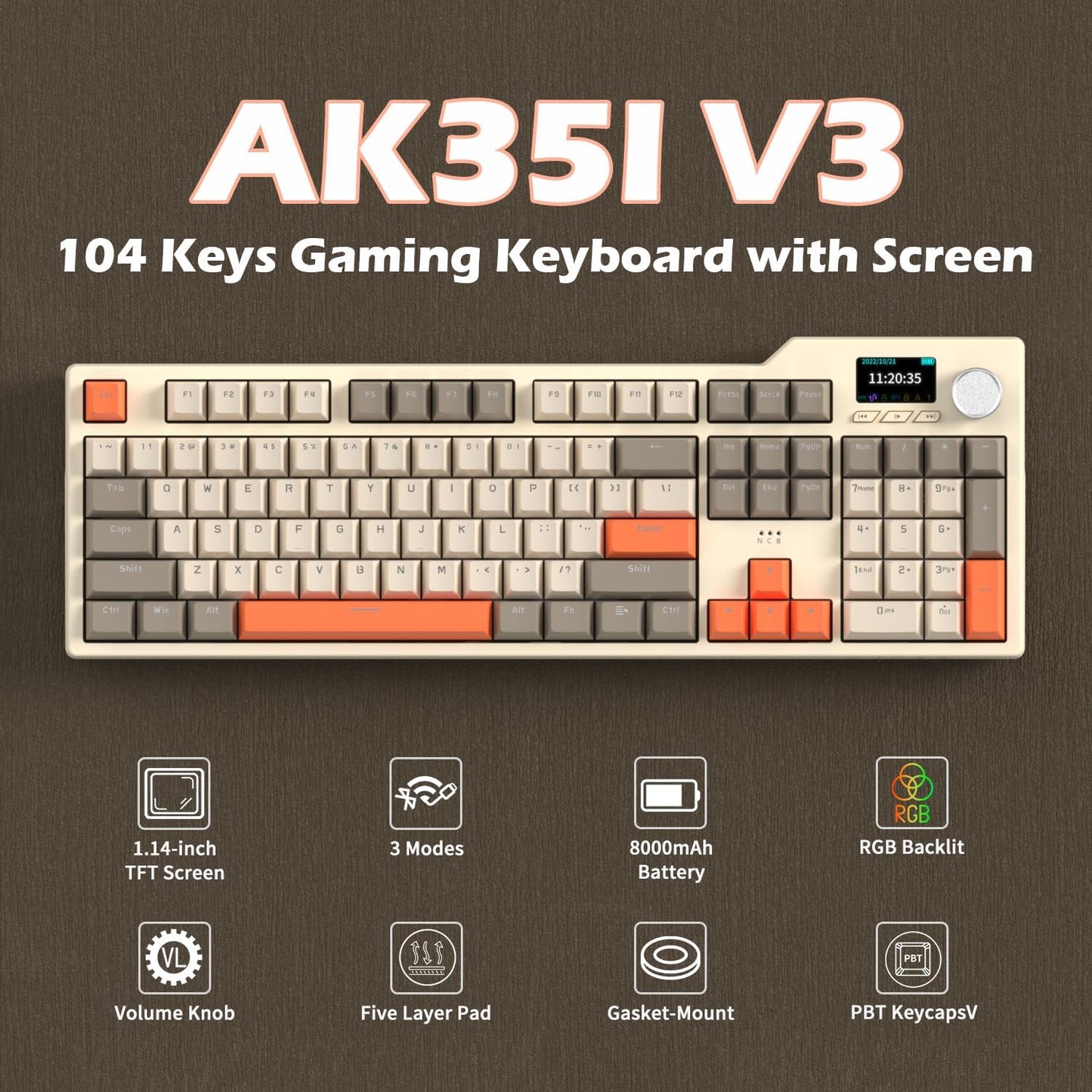 NACODEX AK35I V3 104 Keys RGB Gasket Mount Mechanical Keyboard | Amazing 8000mAh Bluetooth /2.4G /Wired PC Gaming Custom Keyboard with Five Layer Pad | Knob Control | Cherry Profile PBT Keycaps