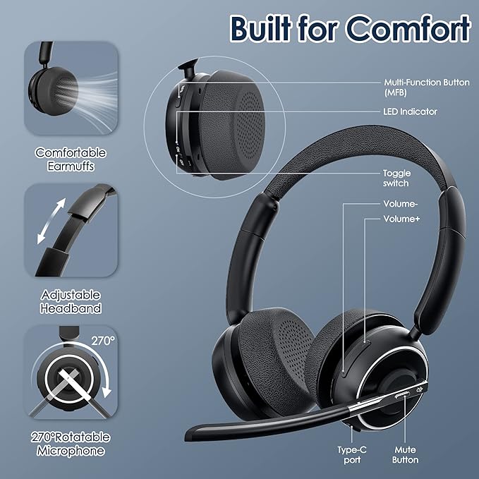 (2025 Upgraded) Wireless Headset with Mic for Work, Bluetooth Headset with Noise Canceling Microphone with Dongle, Charging Base & Mic Mute, Wireless Headphones for Work from Home/PC/Computer