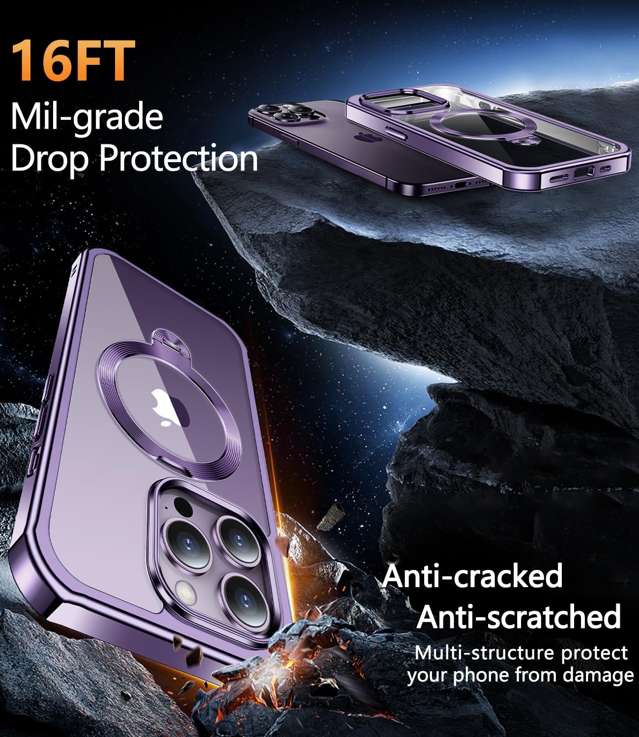 [360° Rotatable CD Stand & Built-in Privacy Screen Magnetic Case for iPhone 14 Pro [Compatible with MagSafe & Full Signal] Mil-Grade Shockproof Full Body Anti-Spy Cover for 14 Pro-Purple