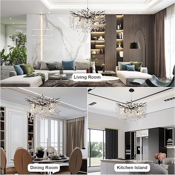 YUYI 30" Black Crystal Chandelier, 10-Light Tree Branch Chandelier for Dining Room, Luxury Round K9 Crystal Raindrop Chandeliers Light Fixture for Living Room Foyer Entryway Bedroom Kitchen