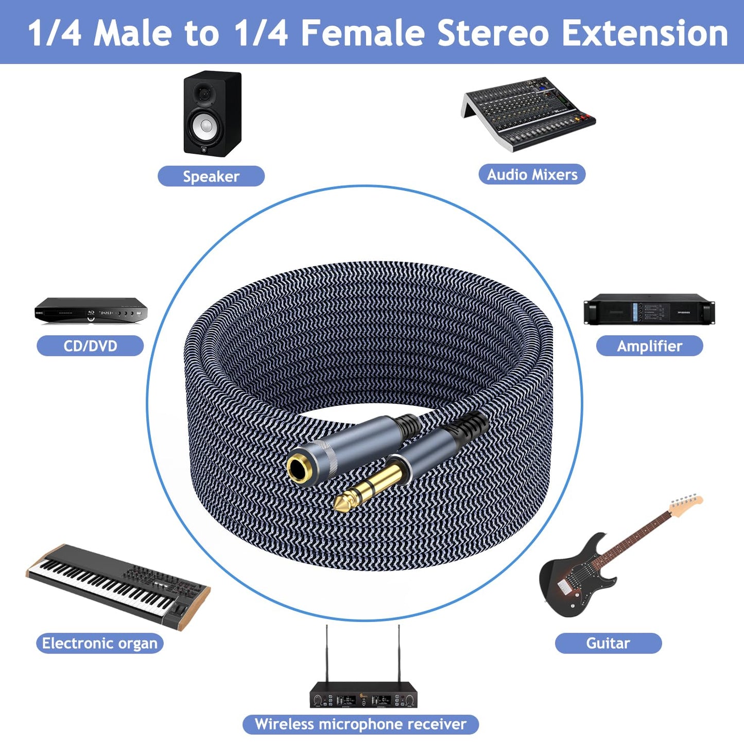 1/4" Male to Female Stereo Headphone Extension Cable - 25ft Quarter Inch Guitar Cable
