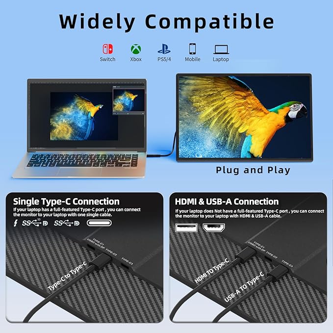 16" Portable Monitor for Laptop, 1200P FHD Laptop Screen Extender, Travel External Display USB-C HDMI Port Detachable Kickstand Gaming Monitor Compatible with Wins Mac Chrome Dex Phone