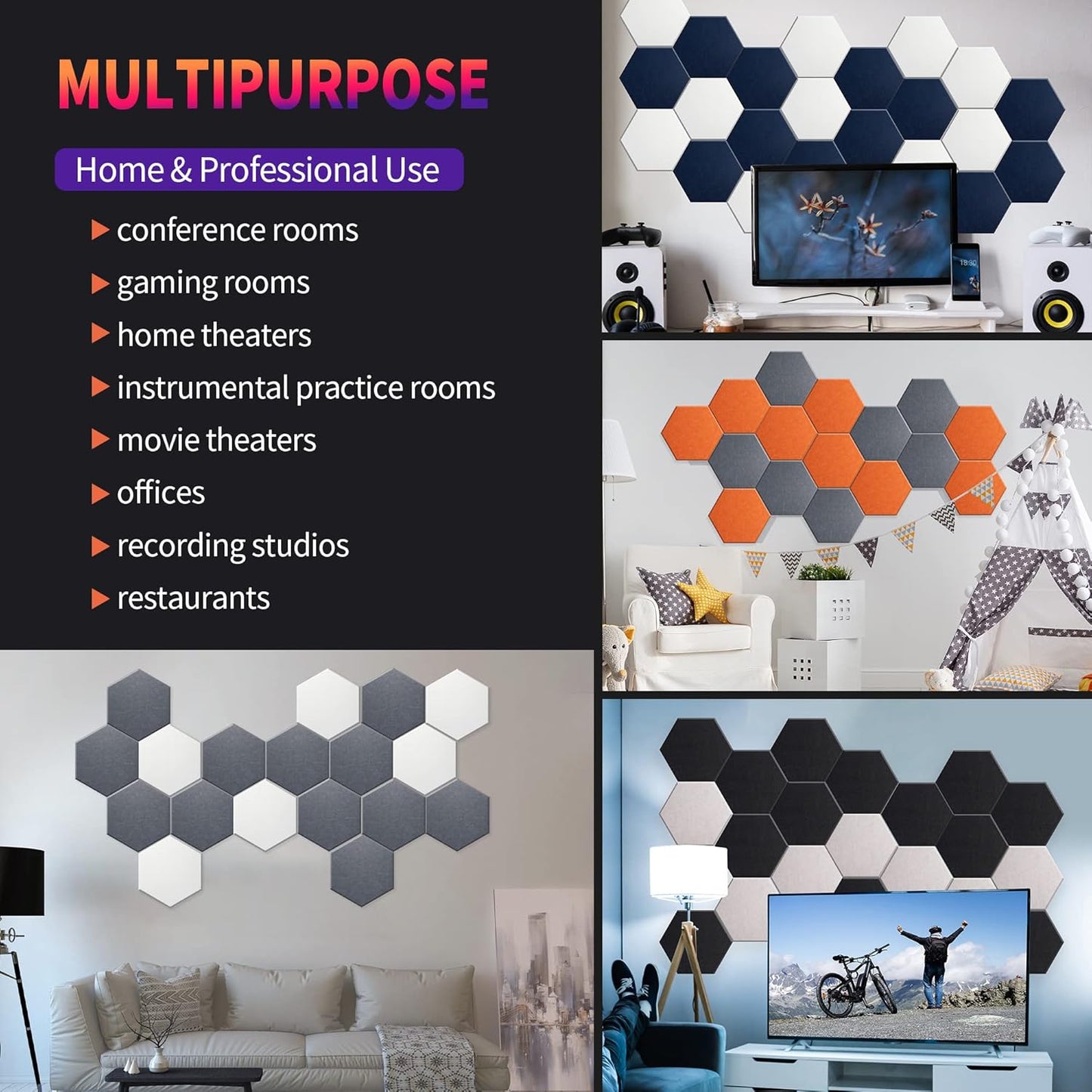 Mollywell Hexagon Acoustic Panels, High Density, Soundproofing, Decorative Noise Reduction Felt Wall Tiles for Ceilings, Home Office & Gaming Room (Moon Gray and Orange), 14x12x0.4 Inch