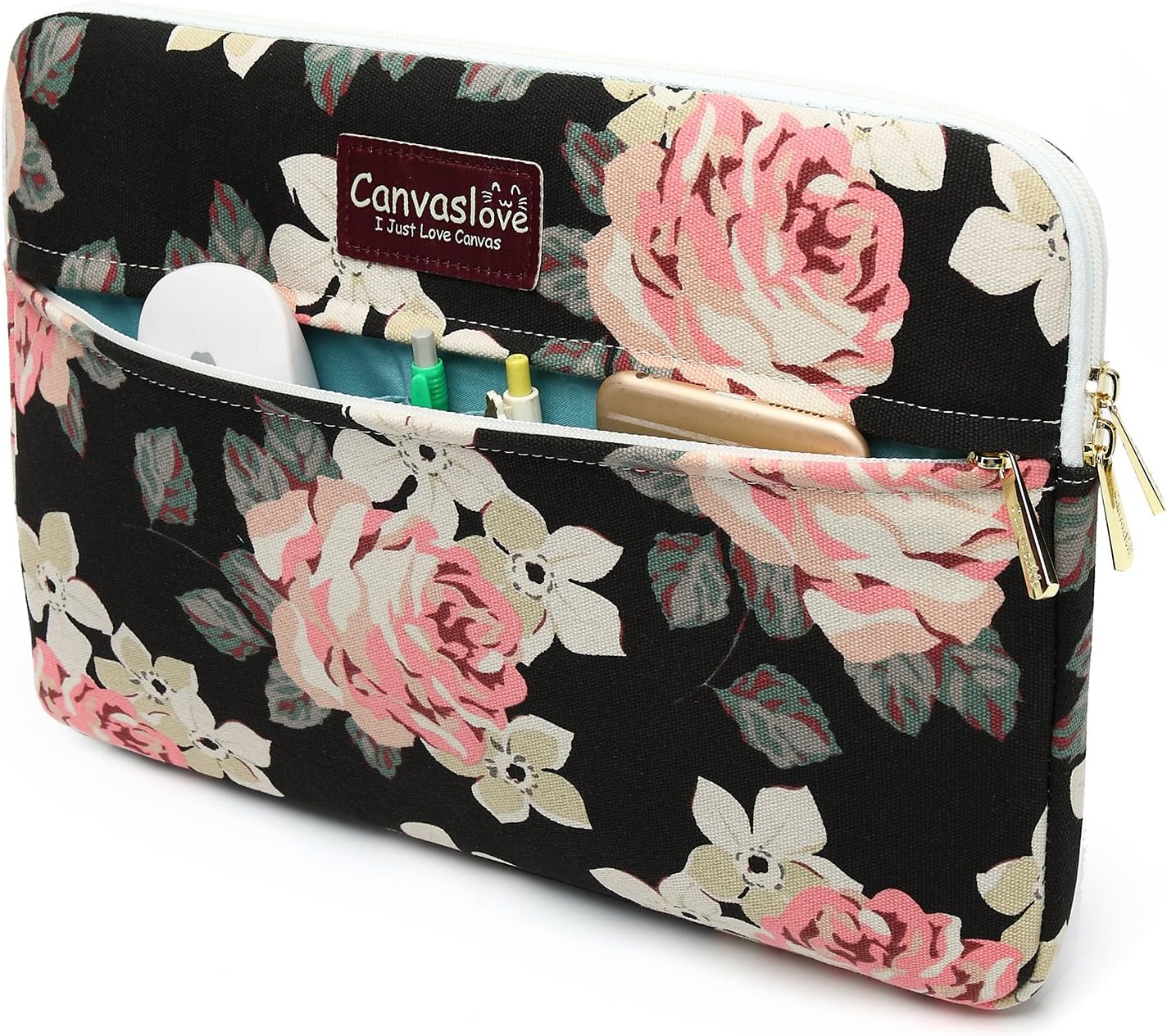 Canvaslove Pink Rose Pattern Laptop Sleeve Case Bag with Pocket for MacBook Pro 14 inch and 14 inch Laptop