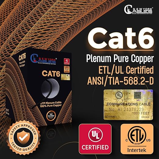 NewYork Cables | CAT6 Plenum Cable 1000ft UL/ETL Listed, 100% Pure Copper, UTP, 550MHz, 23AWG, 4Pair 10GB Ethernet Cable | Certified CMP-Rated Fire-Resistant (1000ft, Pure Copper UL Listed, Black)