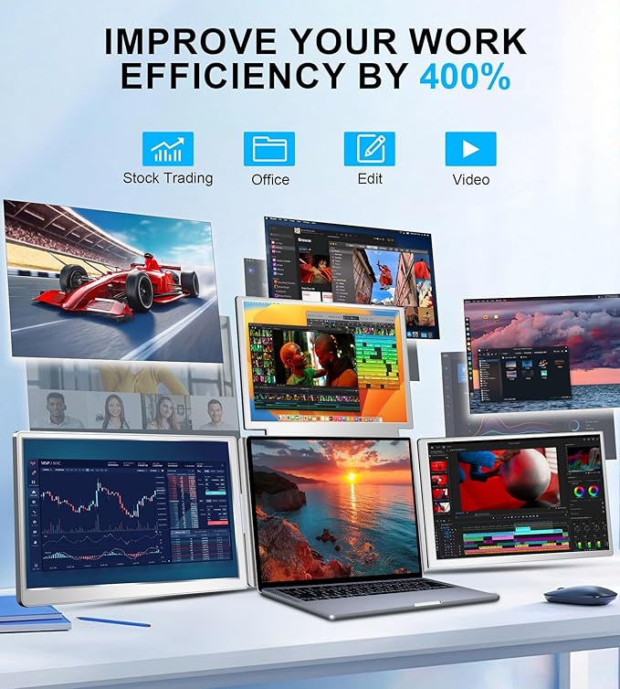 FOPO 16" Laptop Screen Extender Monitor Portable, Quad Monitor, Just 1 Cable for 3 Screens, FHD 1080P IPS Laptop Extender Compatible with Wins/Mac for 13.6" - 18.5" Laptops