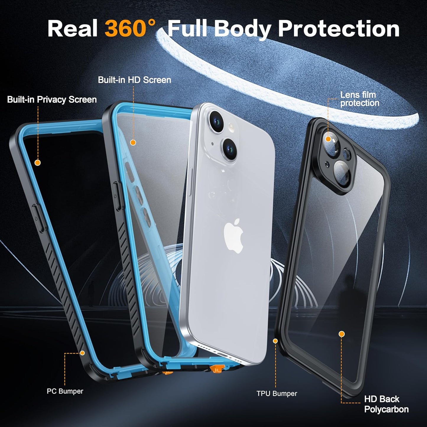 for iPhone 15 Case Waterproof - Built-in Privacy Screen Protector & HD Screen Protector [IP68 Underwater] Shockproof Dustproof Full Body Protection iPhone 15 Phone Case Blue