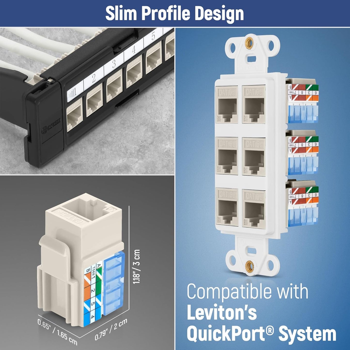 Everest 90° Angled RJ45 Cat5e Keystone Jacks 10-Pack in Light Almond - Slim Profile Female RJ45 Connectors - Cat 5e Keystone Jack - Compatible with 90° Angled Speed Termination Tool - easyJACK