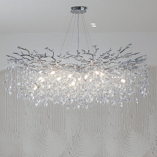 47" Silver Chandelier, 18-Light Modern Crystal Tree Branch Chandeliers, Luxury Round Chandelier for Dining Room, Living Room, Foyer, Entryway, Bedroom, Contemporary K9 Crystal Raindrop Light Fixture