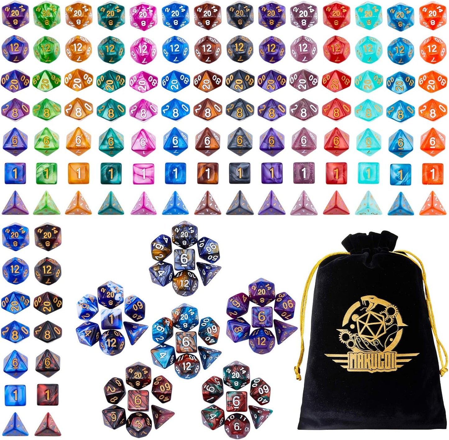 DND Dice Set, 20 X 7 Polyhedral Dice (140 Pieces) Two-Color for Dungeons and Dragons DND RPG MTG Table Game 20 Colors Dice with 1 Large