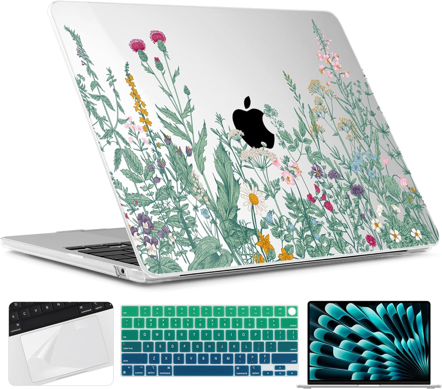 TWOLSKOO Compatible with M4 MacBook Air 15 inch Case 2025-2023 Released Model M4 A3241 M3 A3114 M2 A2941, Plastic Hard Shell & Screen Protector & Keyboard Cover & Trackpad Film, Botanical Illustration