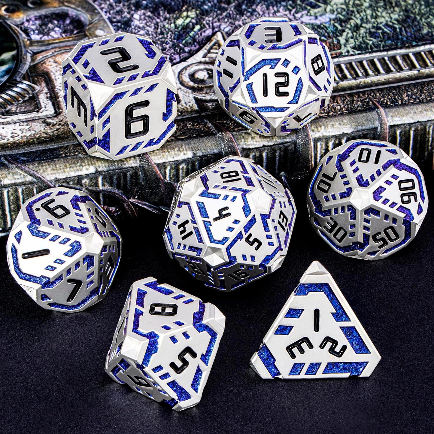 Metal DND Sci-fi Dice Set 7PCS Stripe Polyhedral Dice for Dungeons Dragons RPG Role Playing Game, Glitter D and D Dice with Gift Box D6 D8 D10 D12 D20 (Silver Blue)