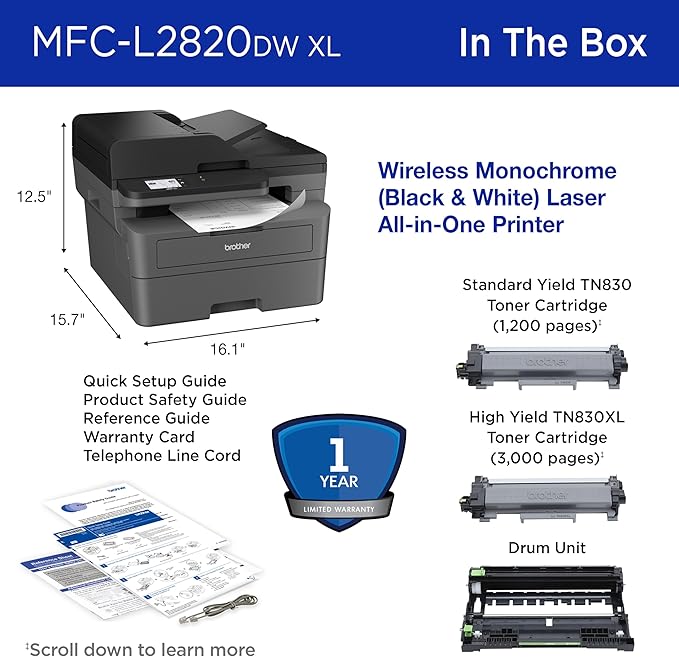 Brother MFC-L2820DW XL Wireless Compact Monochrome All-in-One Laser Printer with Copy, Scan and Fax, Duplex, Black & White | Up to 4,200 Pages of Toner Included(1), Works with Alexa