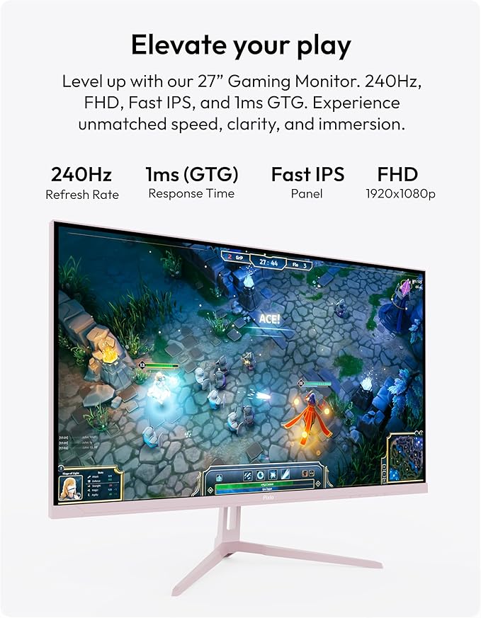 Pixio PX279 Wave Pink 27 inch 240Hz Refresh Rate FHD 1080p Resolution Fast IPS Panel 1ms GTG Resonse Time Gaming Monitor with Adaptive Sync
