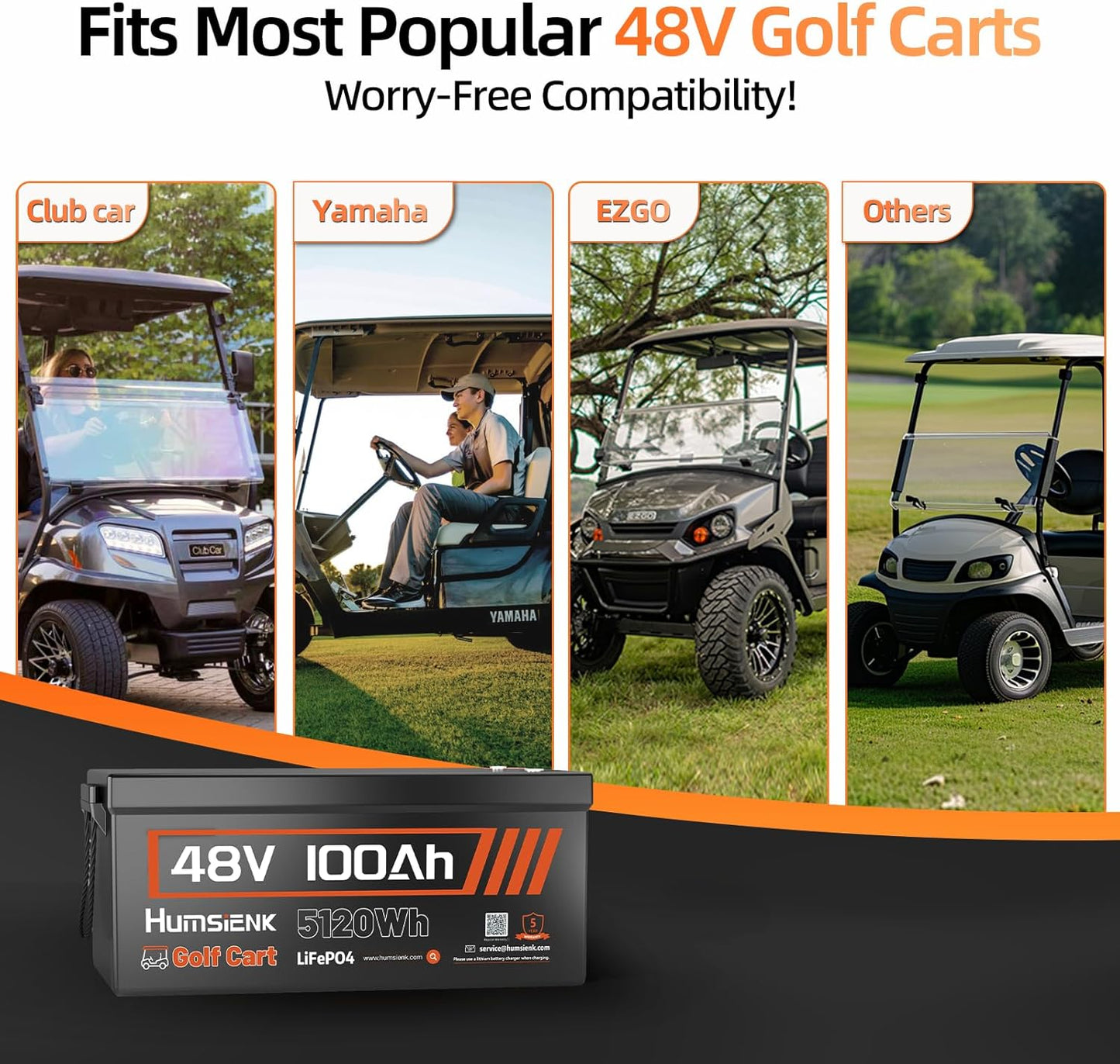 2PCS 48V Lithium Battery for Golf Cart with 48 Volt 15A Charger, Lifepo4 Batterys Built-in Bluetooth 5.0 & 200A BMS, 15000+ Deep Cycle Lithium Battery, 42-58 Mile Ranges for Golf Cart