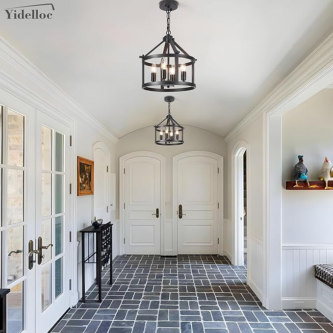 Farmhouse Light Fixtures Round Cage Chandeliers 4 Lights E12 Base Vintage Black Chandelier Pendant Light for Dining Room Entryway Hallway Foyer Kitchen