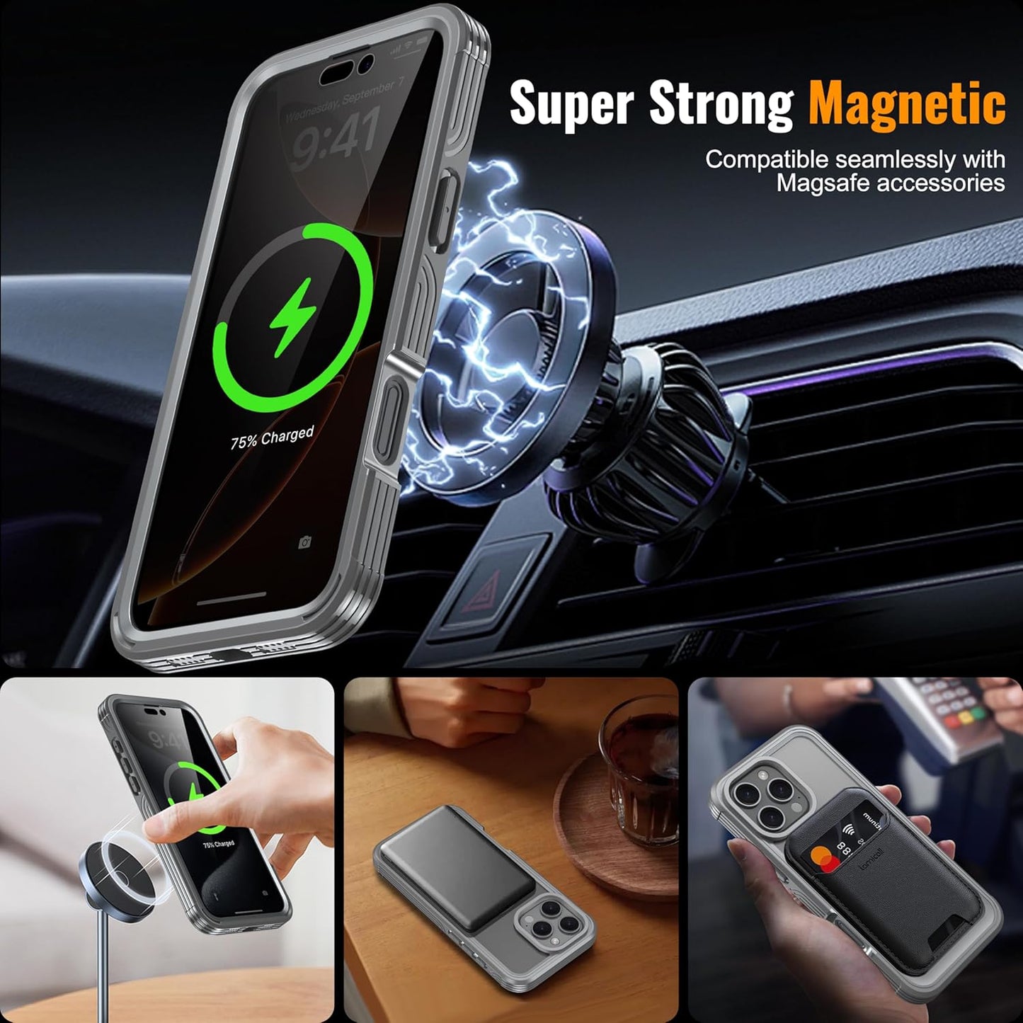 Magnetic & Stand for iPhone 16 Pro Max Case Built-in Privacy Screen Protector[360° Full Body Protection][Fit for Magsafe][Lens Protector] Heavy Duty Shockproof Case for iPhone 16 Pro Max Gray