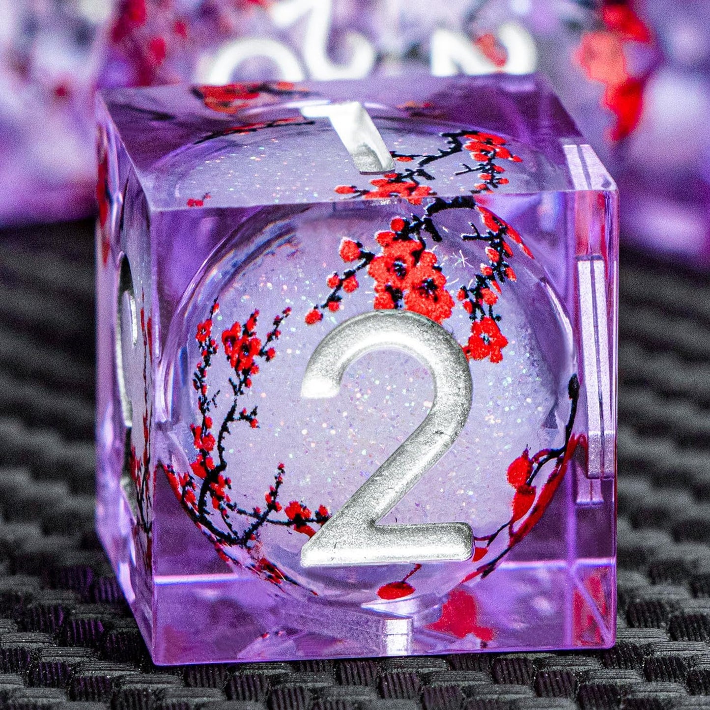 ARUOHHA DND Resin Dice Plum Blossom Liquid Core Silver Purple Sharp Edged Polyhedral Dragons Dice Set with Gift Box, Dungeons D and D Dice Compatible with D&D Role Playing Game D20 D12 D8 D6 D4