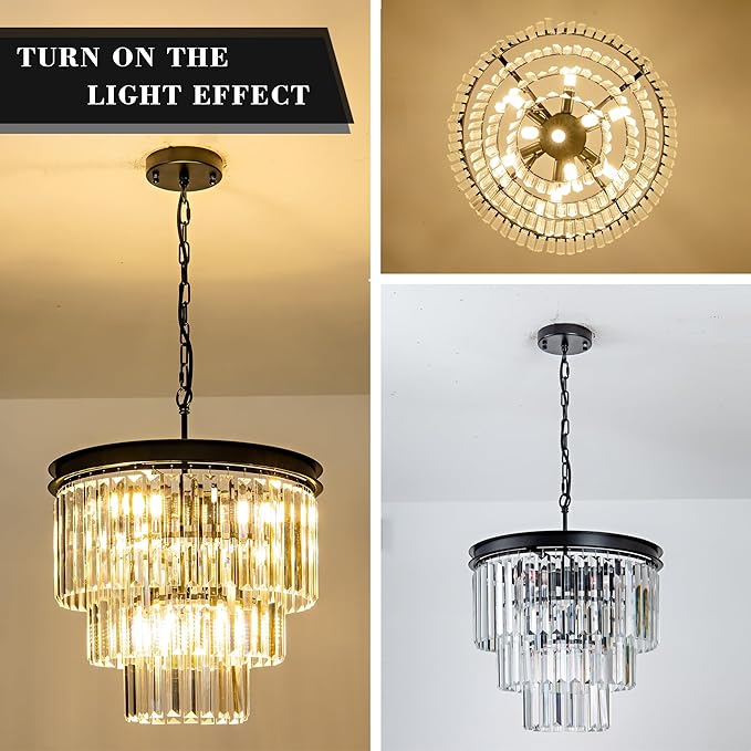Round Crystal Chandelier 6-Lights 15.8" Black K9 Crystal Pendant Lights 3-Tier Luxury Hanging Dining Room Light Fixture for Living Room Bedroom Kitchen Island Entryway Hallway