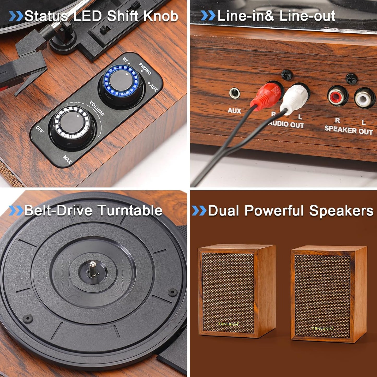 Vinyl Record Player with External Speakers, 3 Speed Vintage Stereo Turntable for Vinyl Records, Bluetooth Input, Auto Stop & Belt Driven System, RCA Out and Aux in - Brown Wood