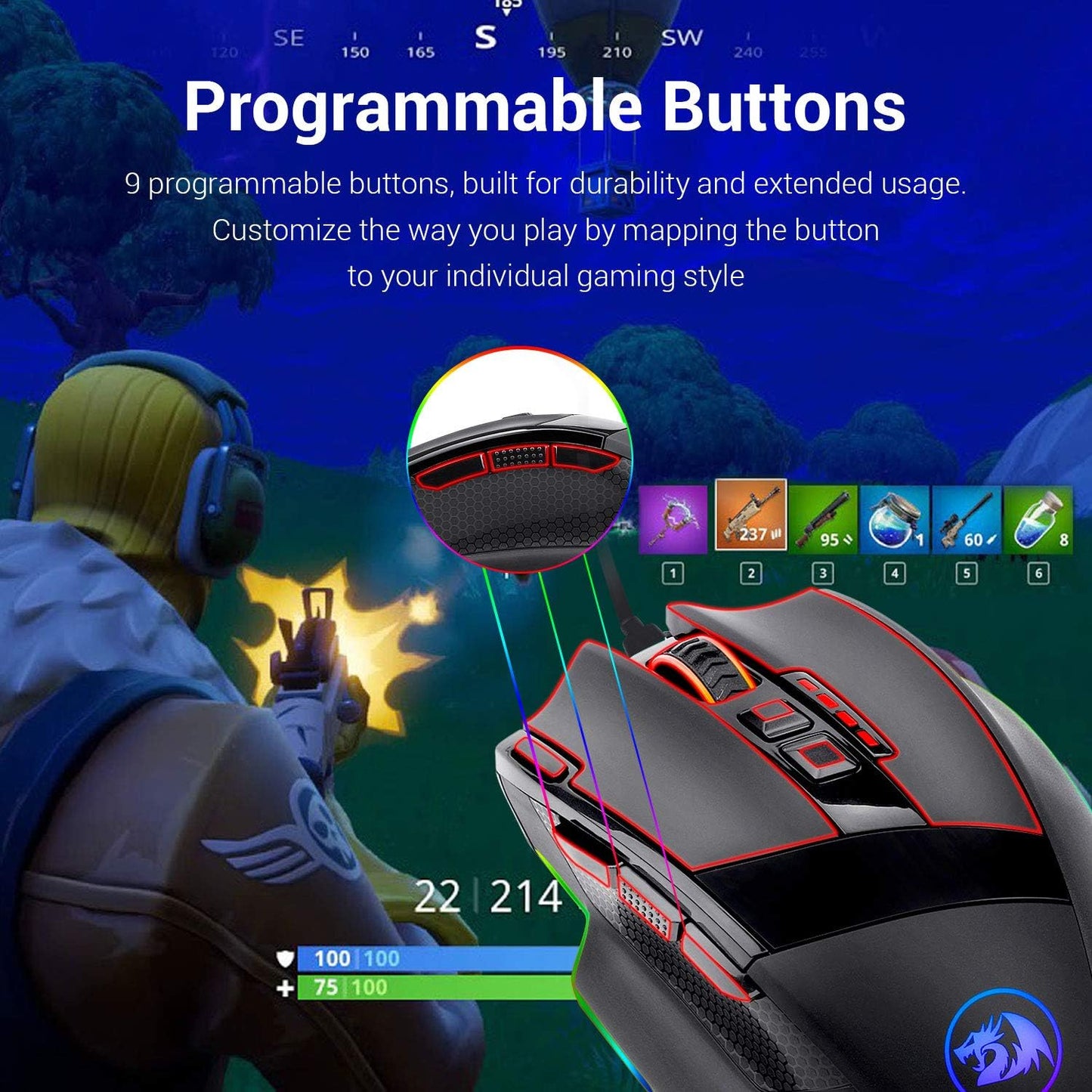 Redragon M801 Gaming Mouse, RGB PC Gaming Mouse MMO with 9 Programmable Buttons Macro Recording, 16000 DPI, Fire Button for Gaming Windows Computer - Wired, Black