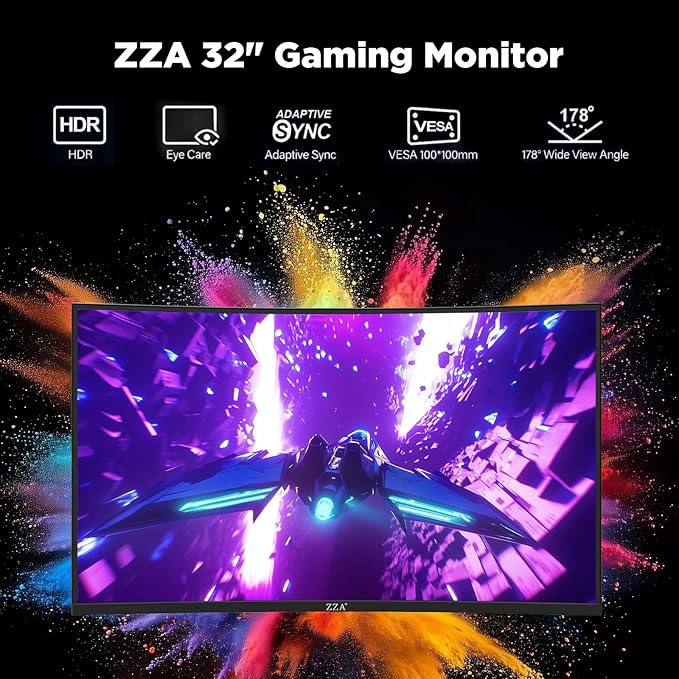 ZZA 32 Inch Curved Gaming Monitor, 240Hz High Refresh Rate, FHD 1920x1080P, Curved 1500R, HDMI 2.0/DP1.4, 1ms MPRT, HDR, FreeSync, VESA Compatible, Tilt Adjustable