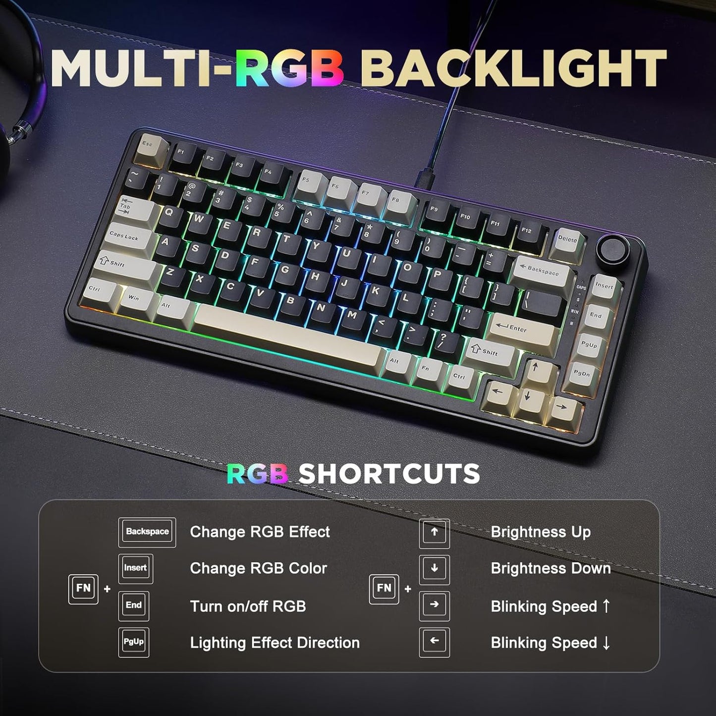 YUNZII B75 Mechanical Keyboard,75% Layout with Knob,Hot Swappable RGB Backlit Gasket Mounted, Creamy Typing, Double-Shot PBT Keycaps,Cherry Profile,for Win/Mac (Black, Milk V2 Linear Switch)