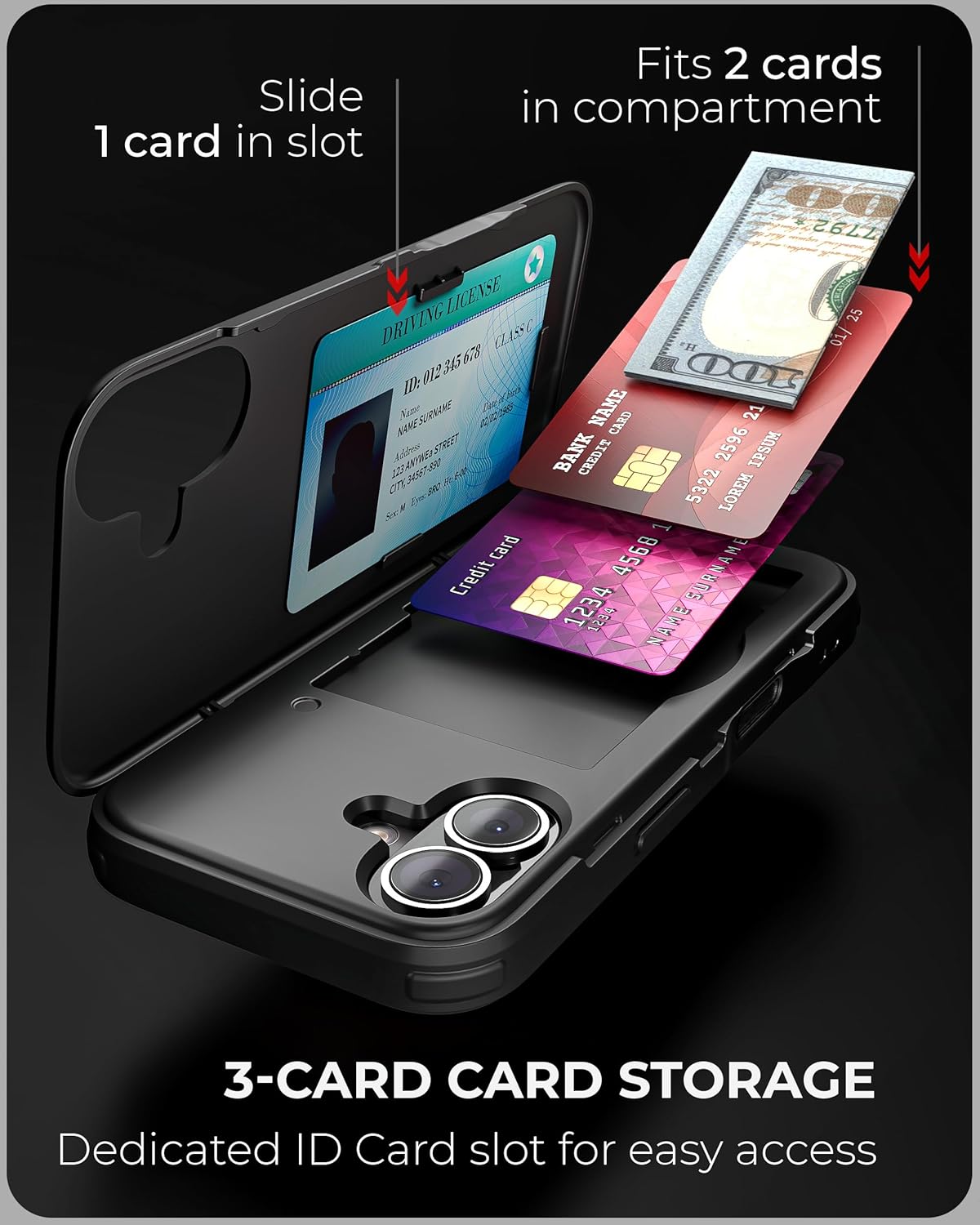 TORU CX Slim for iPhone 16 Case Wallet | Protective Shockproof Heavy Duty Cover with Hidden Card Holder & Card Slot | Mirror & Wrist Strap Included - Black
