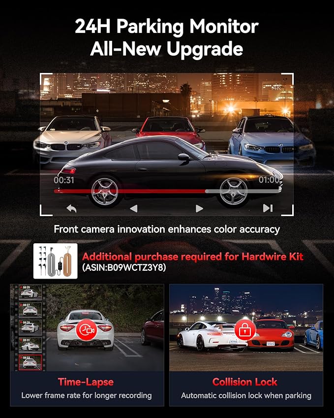 REDTIGER ViewClear 70 4K+2.5K Dash Cam Front and Rear, 8MP STARVIS 2 IMX678 x Noctura™ Sensor, Dual HDR Hyper Night Clarity, 5.8GHz WiFi 6, 30MB/S Fast Download, Dash Camera with 24H Parking Monitor