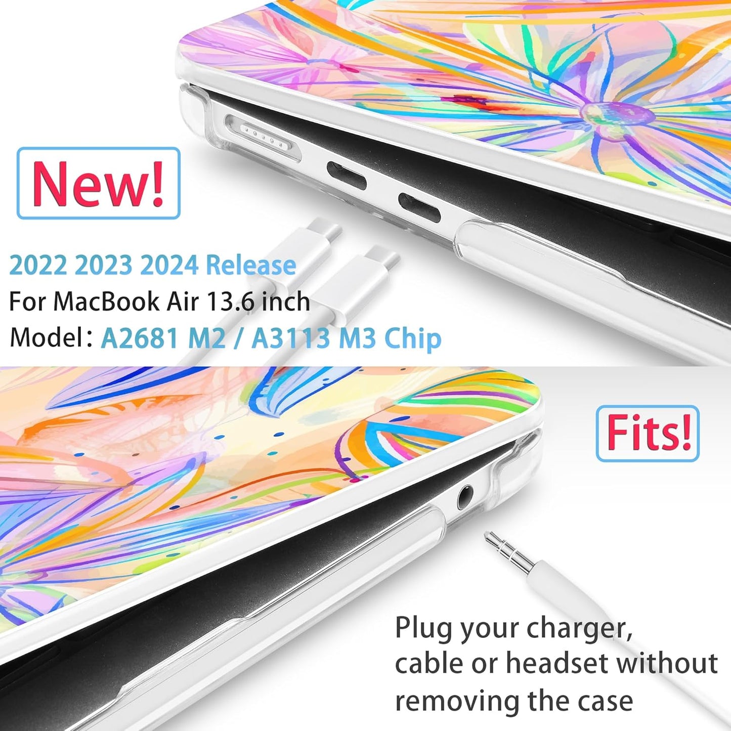 Mektron for 2025 M4 MacBook Air 13.6 Inch A3240 Case Fits 2023 A2681 M2 2024 A3113 M3 Chip with Liquid Retina Display, Printed Plastic Hard Shell Cover for MacBook Air 13.6", Watercolor FlowerC328