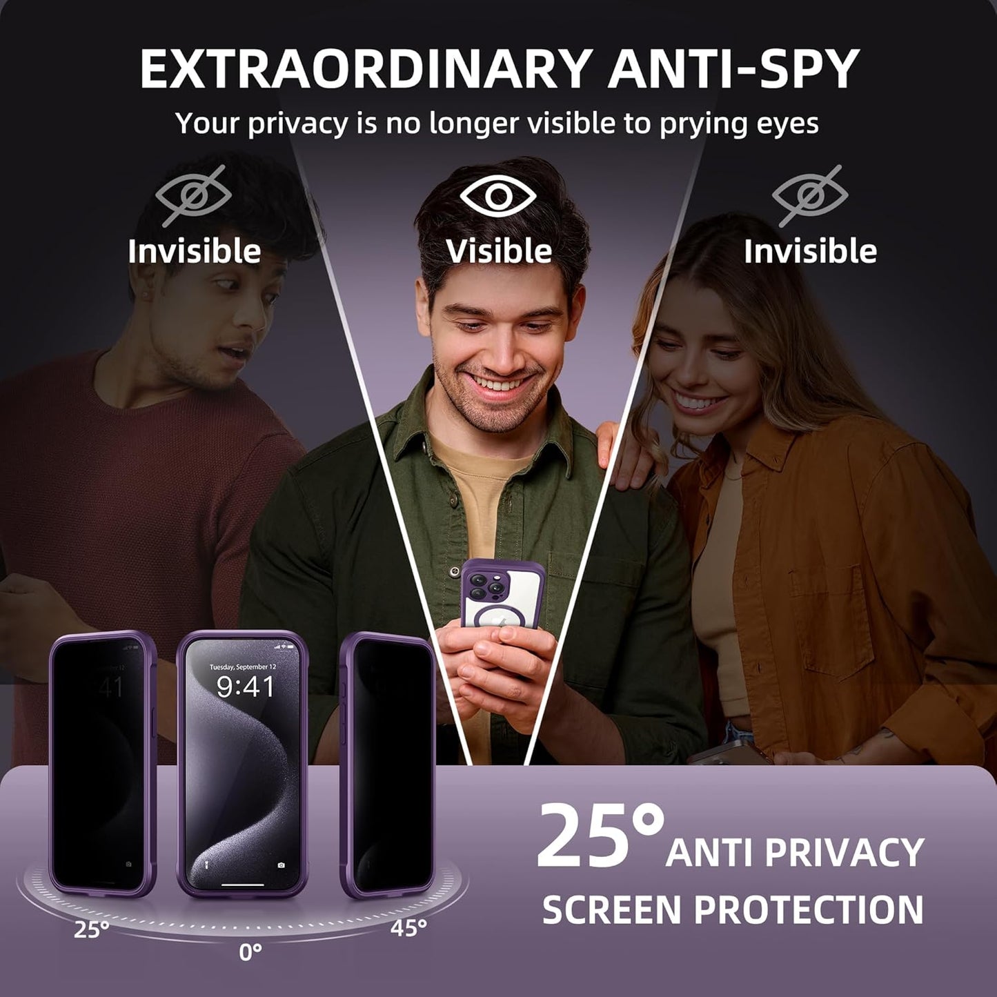 Magnetic for iPhone 15 Pro Case, Compatible with MagSafe, Built-in Privacy Screen Protector and Camera Protection, Anti Spy Full Body Dustproof Shockproof Hard Phone Case 6.1", Purple