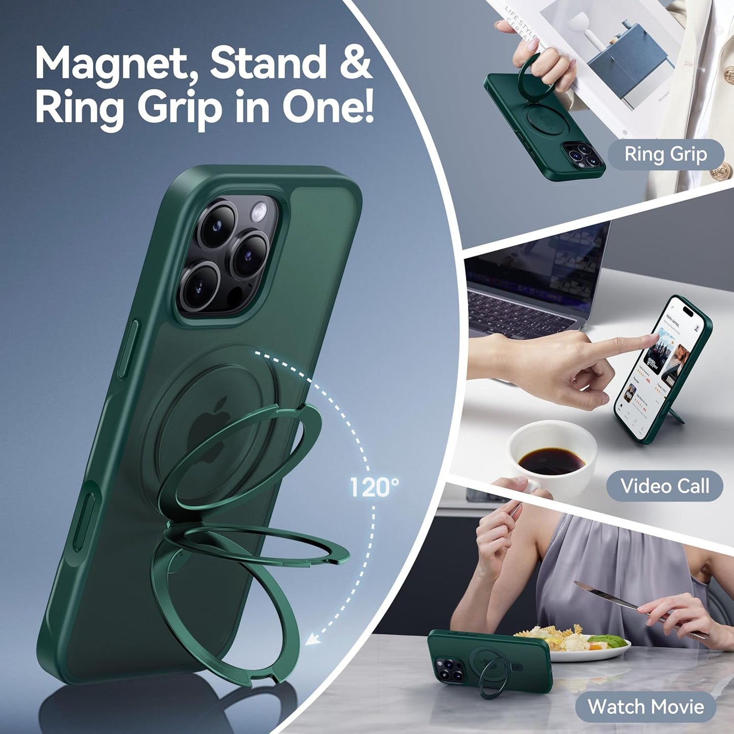 CASEKOO Designed for iPhone 16 Pro Max Case with Magnetic Invisible Stand [Military Drop Protection] [Compatible with MagSafe] Shockproof Slim Translucent Matte Promax Case 6.9 Inch, Green