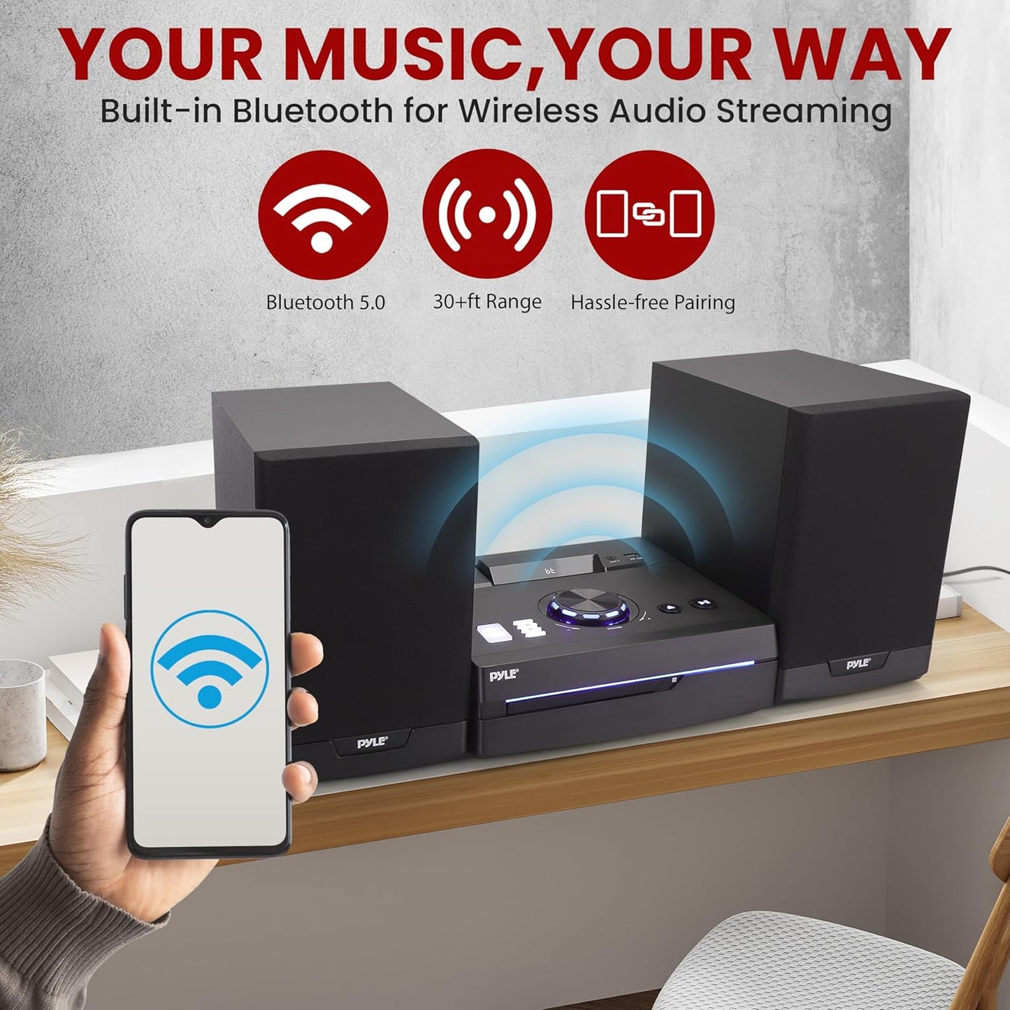 Pyle Home Stereo Shelf System - 100W Wireless BT Streaming with CD Player, FM Radio, USB & SD Card Playback, 2-Way Music Crisp-Sound, Remote Control, Dual Stereo Speakers (Black)