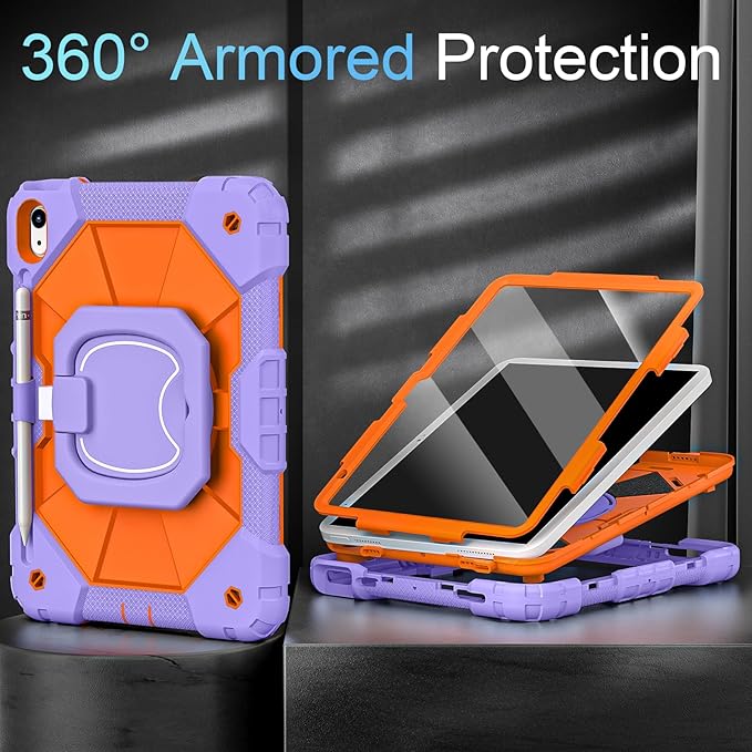 Case for iPad (A16) 11th/10th Generation 2025/2022,10th Gen iPad Case with Screen Protector 360° Rotating Stand,Heavy Duty Shockproof Cover for i Pad 11.0/10.9,Purple Orange