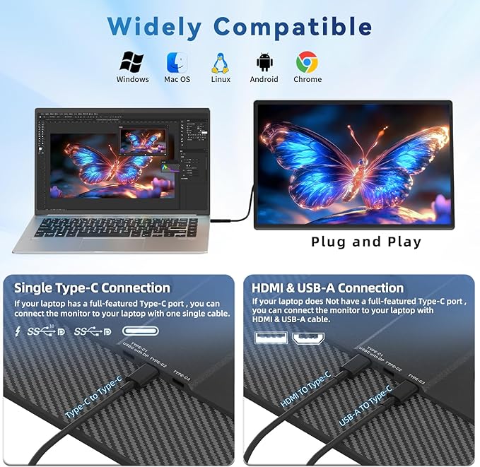 Portable Monitor Laptop Screen Extender - 16" 1200P FHD Travel External Display USB-C HDMI Port Detachable Kickstand Gaming Monitor Compatible with Wins Mac Chrome Dex Phone
