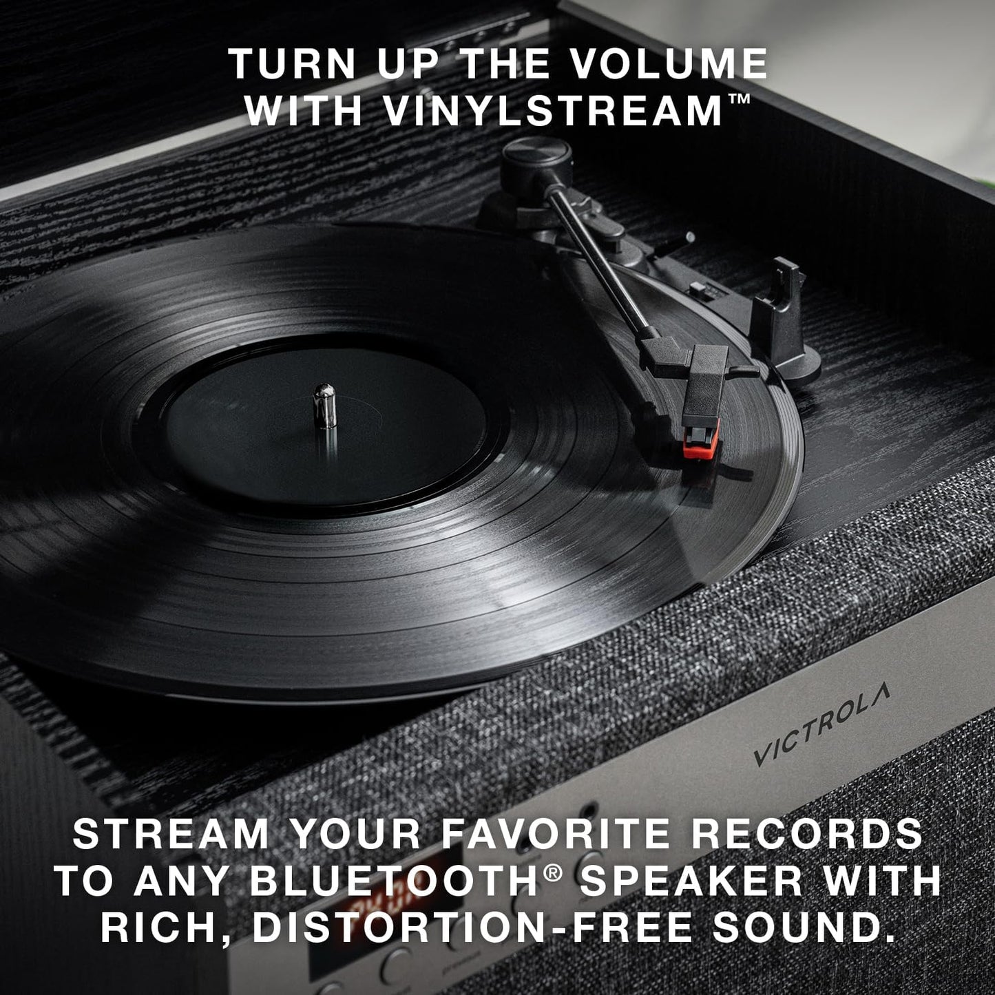 Victrola Century 6-in-1 Vinyl Record Player & Music Center – 3-Speed Turntable, CD & Cassette Player, VINYLSTREAM, Bluetooth & 3.5mm Aux, Record Player with Speakers, Mid Century Design (Black)