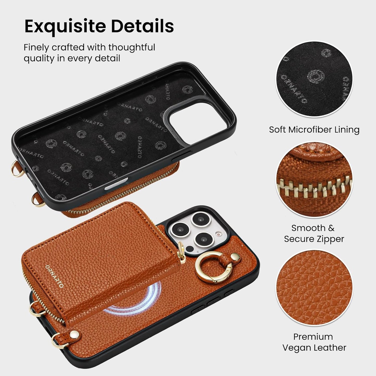 ORNARTO Magnetic Detachable Wallet Case for iPhone 16 Pro, [Compatible with MagSafe], Crossbody Wallet Case with Card Holder Wrist Strap, RFID Blocking PU Leather Wallet Phone Cover 6.3", Brown