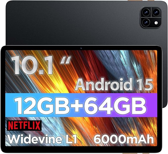 Android Tablet, 10.1 inch Android 15 Tablet with Octa-core Processor RAM 12GB ROM 64GB(Up to 2 TB), 800x1280 Resolution, WiFi 6 & Bluetooth, Dual Speakers, 5MP+8MP, 6000mAh, Tablets 2025