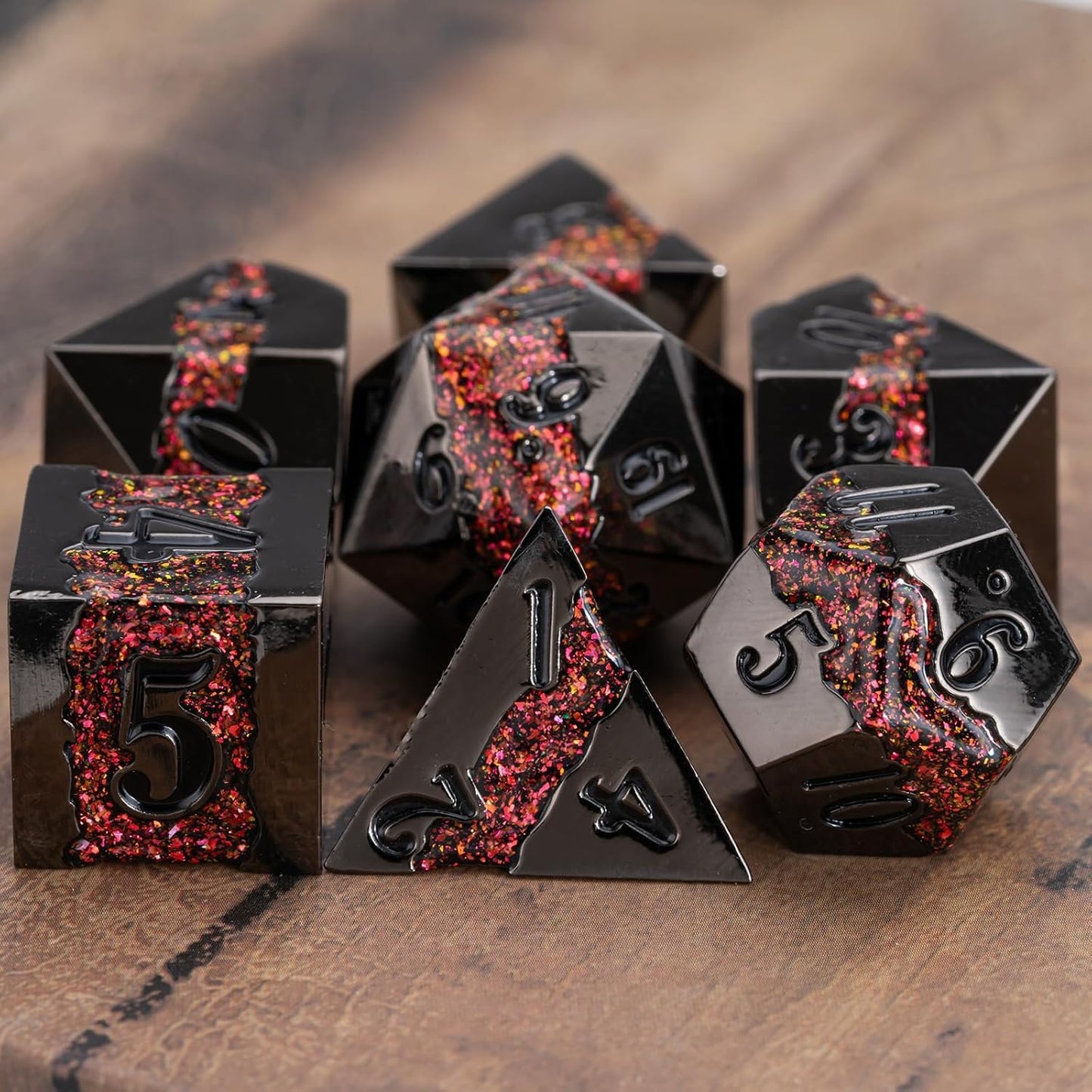 Metal DND Polyhedral Dice,Large Stripe Glitter Metallic Dice Set,Antique Silver Dice 7pcs Set for Role Playing Games(Black Nickel Red)