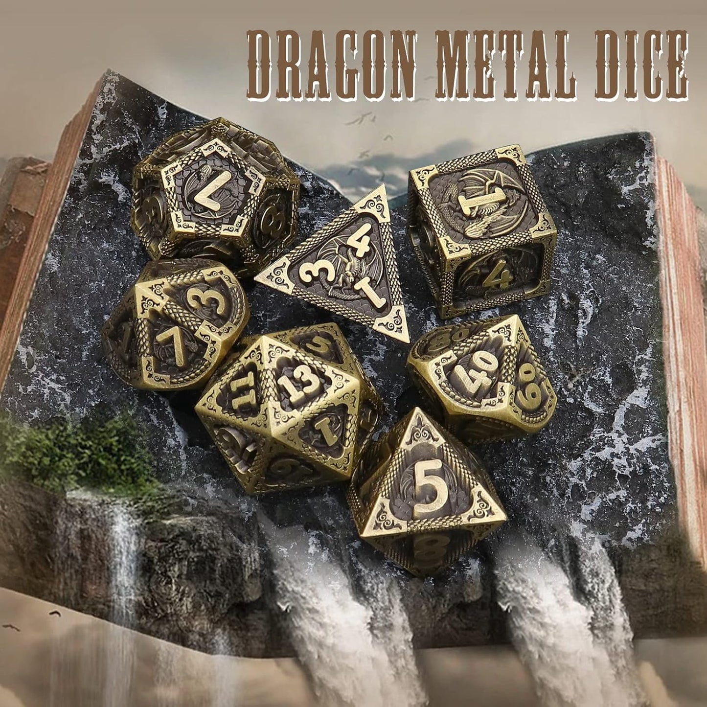 PJOY D&D Dice Set Dragon Metal DND Dice Set Antique Bronze with Case for RPG Role Playing Games Compatible with Dungeons and Dragons Gift TTRPG