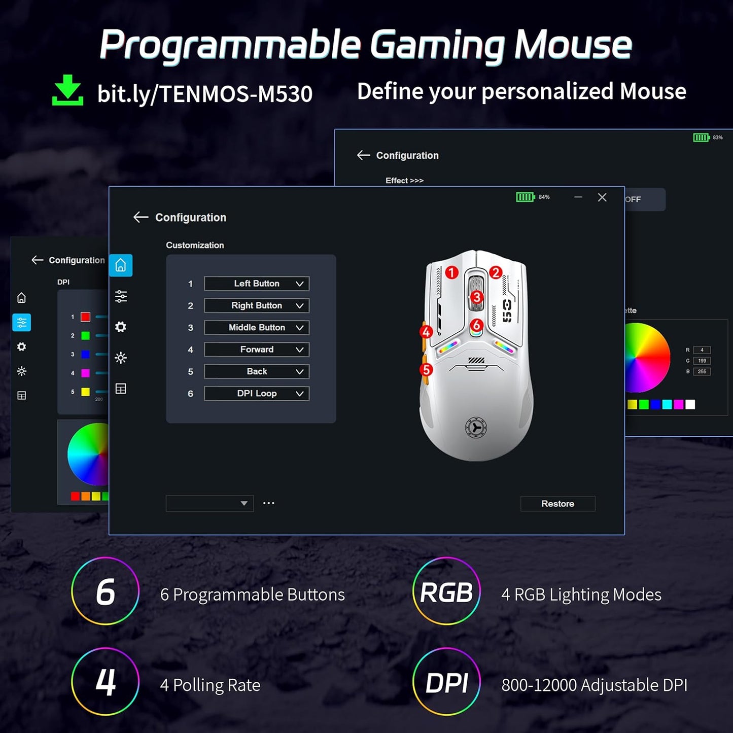 TENMOS M530 Wireless Gaming Mouse, 2.4G/Bluetooth/USB C Wired Rechargeable Mouse, 12000 DPI, RGB, 6 Programmable Buttons, Honeycomb Magnetic Cover, with Receiver Extender for Laptop/PC/Mac, Black