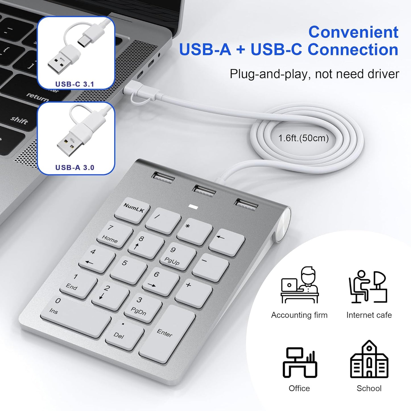 Wired USB C/A Number Pad - Numeric Keypad & Hub with 3 USB2.0 Ports - Portable Slim 18 Key Number Keypad Keyboard for Laptop PC Pad Surface MacBook, Wired Numeric Keypad with Type C & USB Cable 1.6Ft