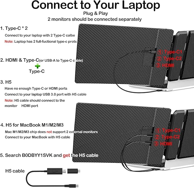 Alecewey Laptop Screen Extender 14 inch Triple Portable Laptop Monitor Attachment FHD 1080P Extra Screen for 13-17’’ Laptops with Windows Chrome Mac