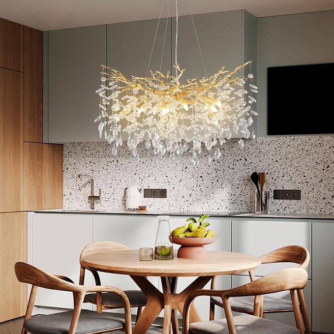 YUYI Modern Crystal Chandelier, 30" Gold Tree Branch Chandelier, 10-Light Round Chandeliers for Dining Room, Living Room, Kitchen, Foyer, Entryway, Bedroom, Luxury K9 Crystal Raindrop Light Fixture