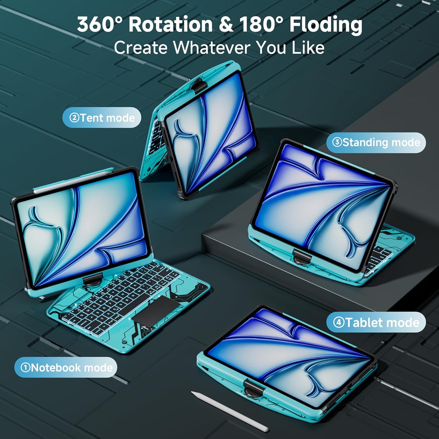 iPad Keyboard Case for 2024 M4 iPad Pro 13 inch, Magic Wireless Keyboard with Trackpad 7 Color Backlit, 360° Rotating Stand Transparent Protective Cover with Pencil Holder (Cyan)