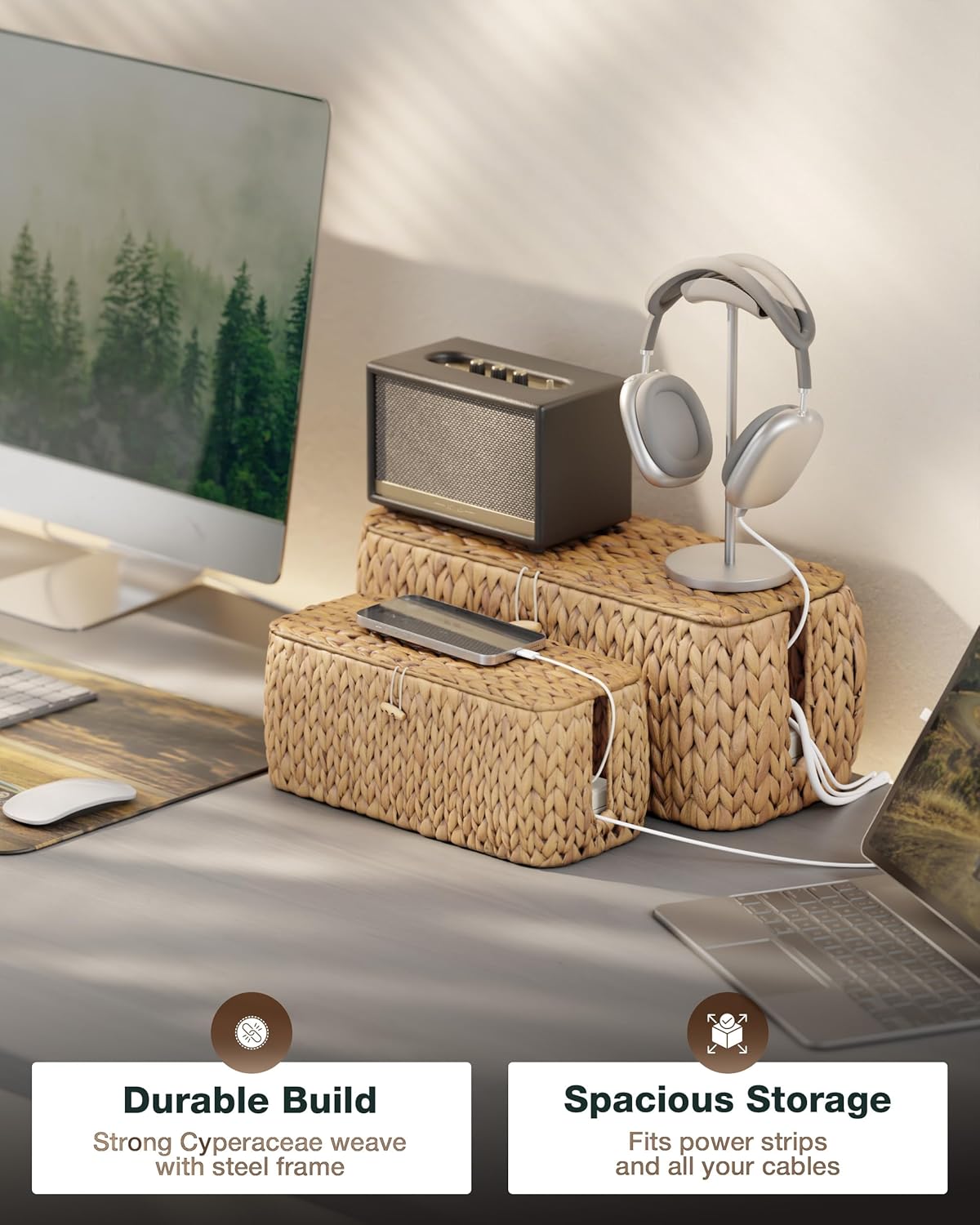 BLUEWEST Pack 2 Large Cable Management Box, Wicker Hyacinth Rattan Cable Organizer and Cover with 2 Open Slots and Safety Lock for Under Desk Power Strip, TV Wires, Computer, Router, USB Hubs